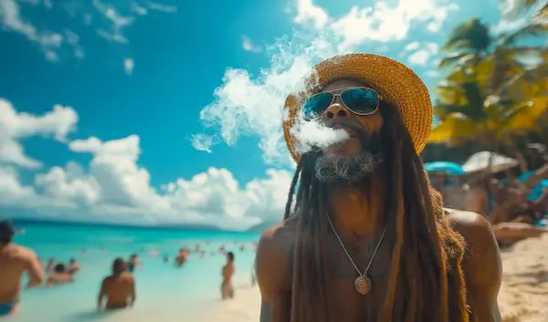 Reggae culture - Rasta smoking Ganja on the beach