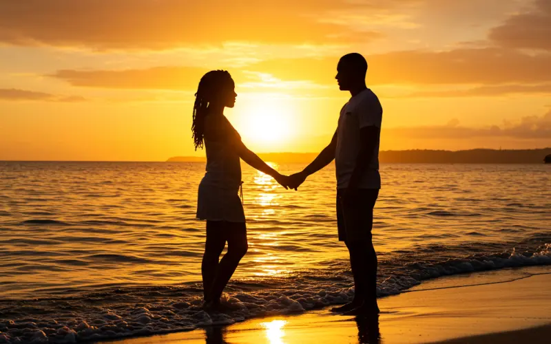 A lovers rock couple holding hands on the beach