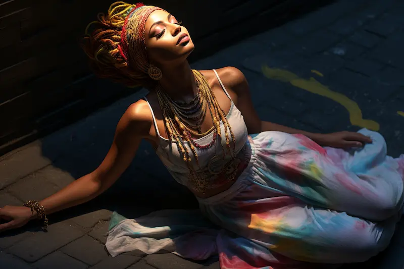 Reggae fashion model in a flowing white dress