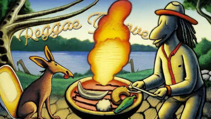 A man and his dog sit at a campfire, telling stories about reggae music videos.