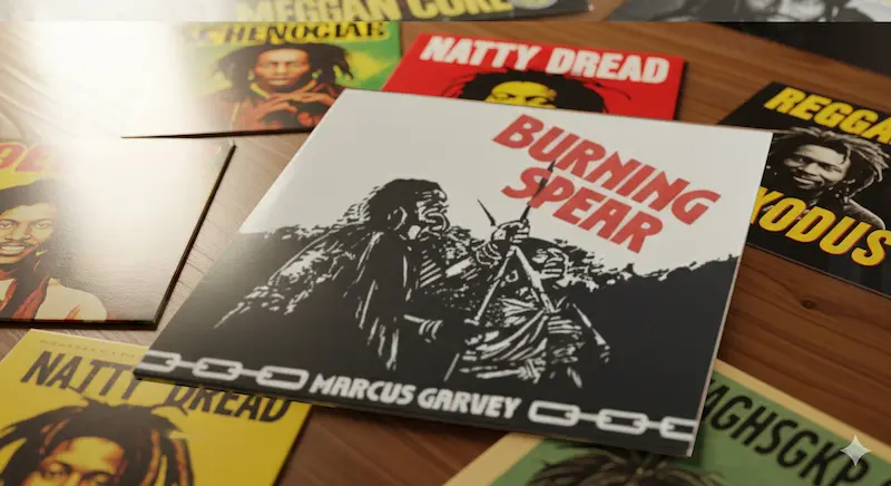 A close-up shot of the Burning Spear album Marcus Garvey in a collection of reggae vinyl records.
