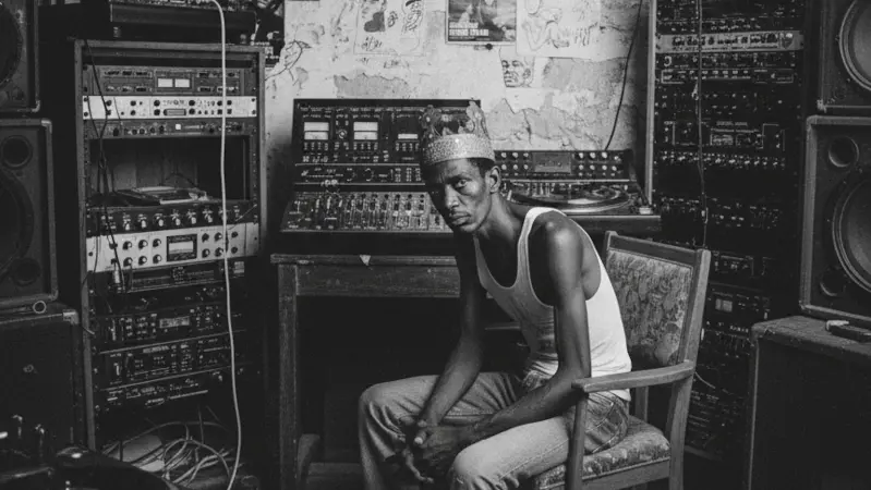 King Tubby at a large, vintage Jamaican sound system featuring a stack of classic reggae amplifiers.