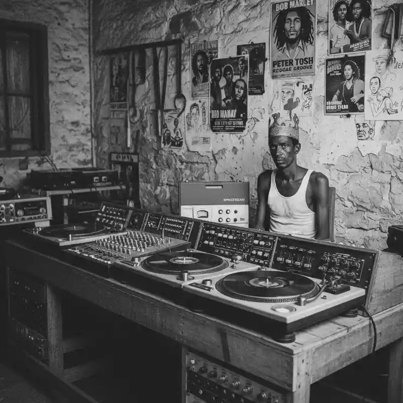 A close-up portrait of dub engineer King Tubby at his vintage mixing board, in his Dromilly Avenue studio.