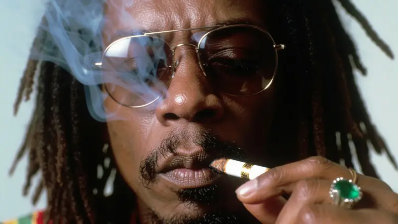 A close up of Peter Tosh, The Stepping Razor, smoking a joint