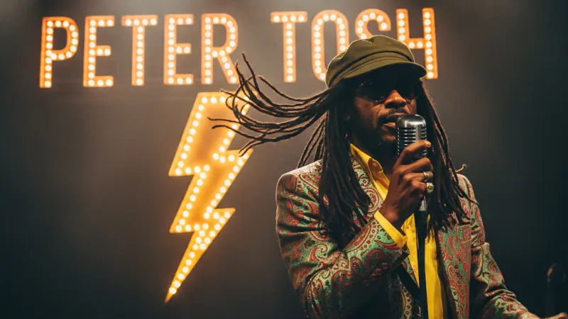 Close-up of reggae legend Peter Tosh "The Stepping Razor" live on stage with "PETER TOSH" in illuminated marquee lights behind him.