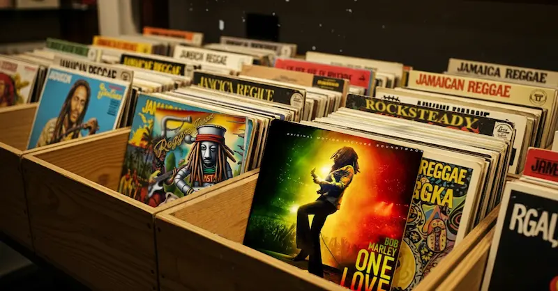A wooden record crate filled with classic Jamaican reggae albums, including Bob Marley's "One Love" soundtrack and other records labeled "Jamaican Reggae" and "Reggae Sunsplash."