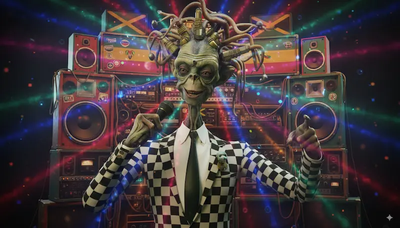 Stylized image of a reggae-punk figure, symbolizing the fusion of Jamaican sounds with British subcultures.