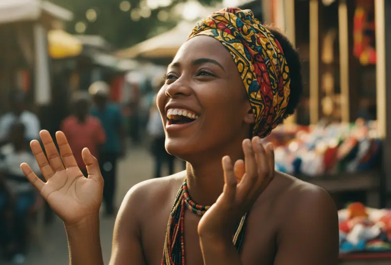 A smiling Jamaican woman speaking and gesturing animatedly, showcasing the expressive nature of Patois