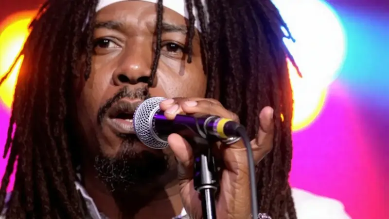 Close up of Peter Tosh "The Stepping Razor" singing into a microphone