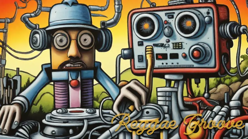 Caricature of a dub reggae producer mixing tracks on an analog console with heavy echo and reverb effects.