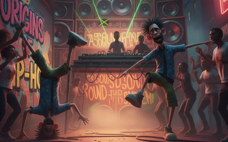 illustration of bronx block party with dj on sound system, breakdancers, graffiti wall reading origins of hip hop