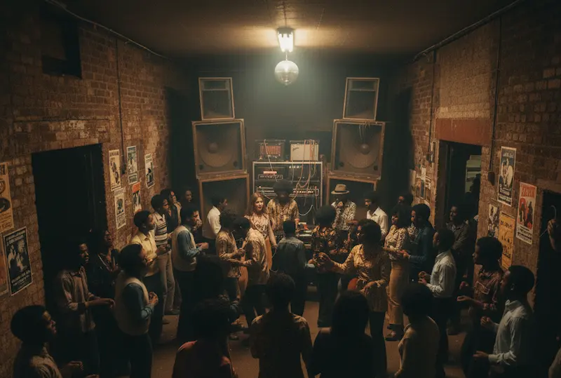 Vintage UK reggae sound system set up in a Brixton basement, 1970s.