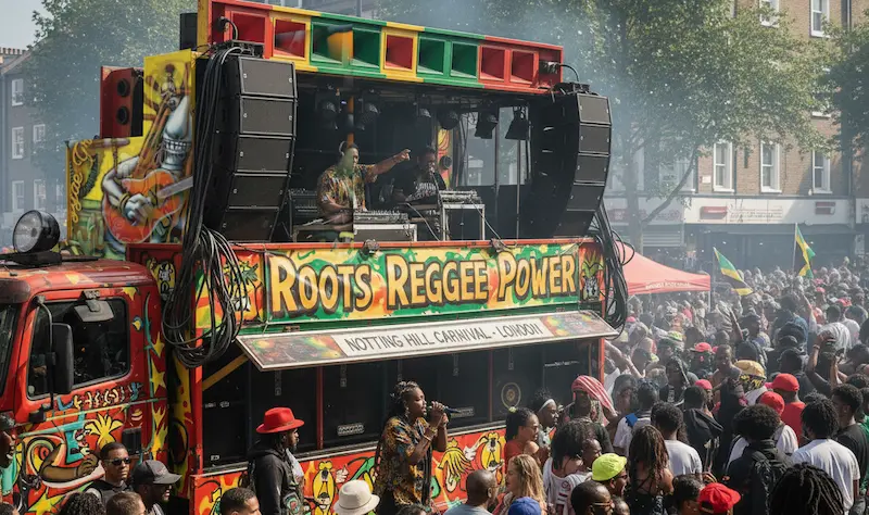 Sound system truck at Notting Hill Carnival, London — reggae at the heart of British Caribbean culture.