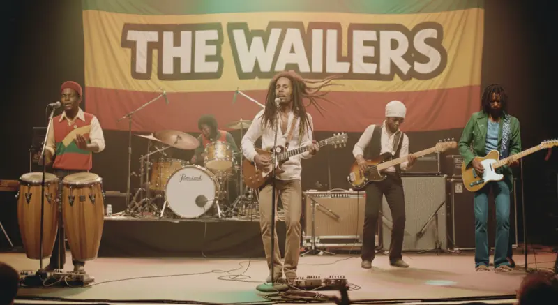 Iconic reggae band The Wailers performing live, featuring Bob Marley on guitar and lead vocals, supported by other band members and percussionists, under stage lights with a "THE WAILERS" banner.