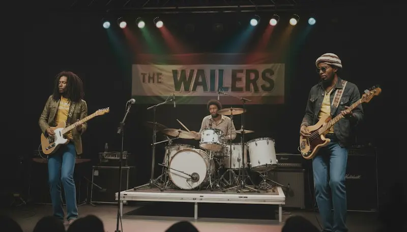 The Wailers performing live on stage without founding member Bob Marley, featuring a guitarist, drummer, and bass player in a dark venue with a 'THE WAILERS' banner in the background