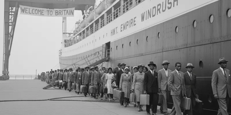 Windrush Generation Jamaicans arriving at Tilbury Docks, 1948 — early roots of UK reggae culture.